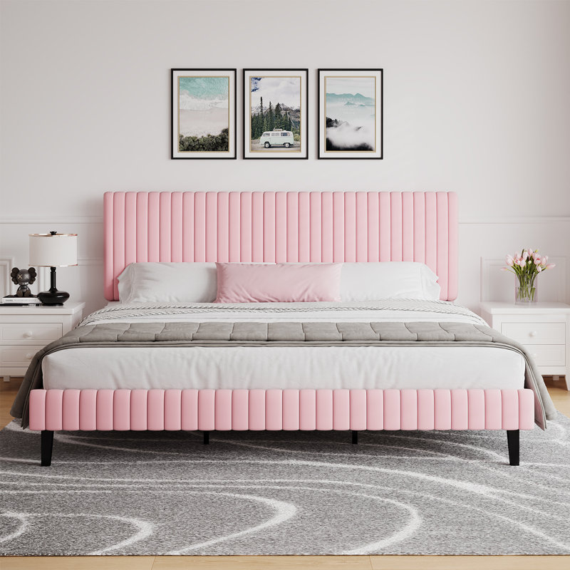 Velvet Upholstered Platform Bed Headboard and footboard with soft-padded vertical channel quilting, King, Pink
