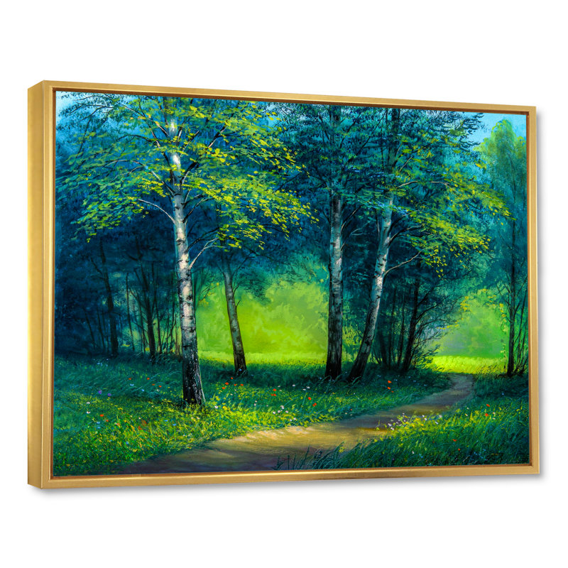 «Path Into Green Summer Birch Forest», art mural sur toile traditionnel, H 16 po x l 32 po x P 1 po, Cadre flottant doré