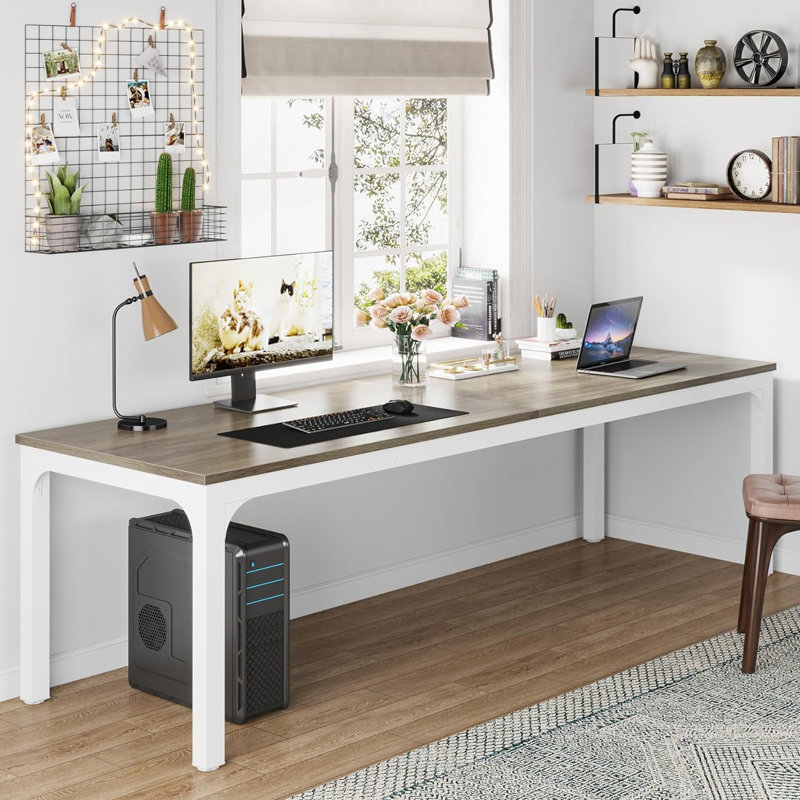 Bureau d'ordinateur très long 78,7 pouces pour 2 personnes, poste de travail double pour bureau à domicile avec pieds en acier robuste, finition chêne et blanc