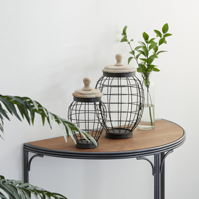 Aure Metal Caged Style Black Decorative Jars with Wood Lids Set