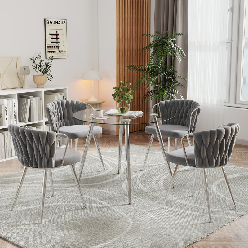 5-Piece Round Glass Dining Table Set for 4, Gray, 29.5"H x 36"W x 36"D, Gold