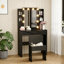 Meuble-lavabo noir avec lumières Hollywood, coiffeuse avec station de charge, tiroirs, tablettes et tabouret de rangement | Idée de cadeau