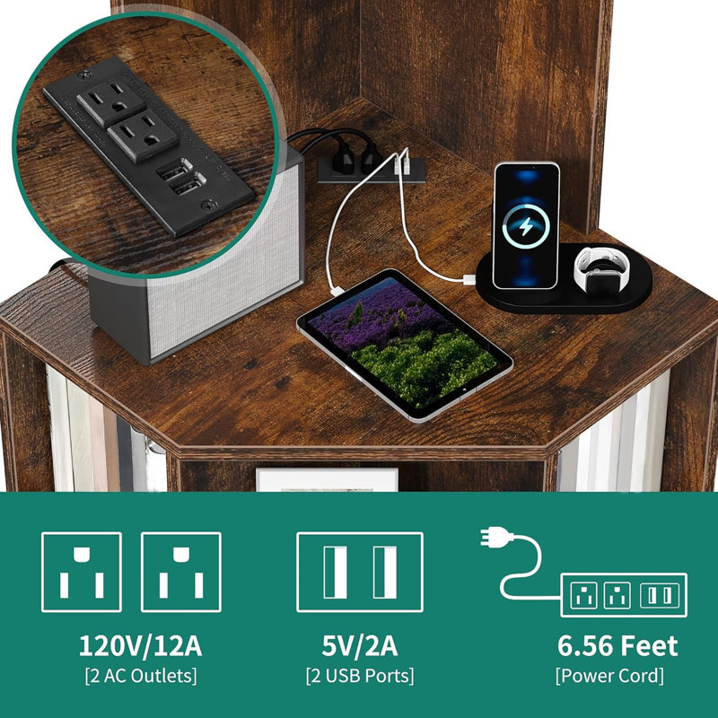 Tablette d'angle avec ports et prises USB, Rustic Brown