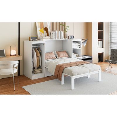 Lit simple avec garde-robe et tablettes de chevet - taille option blanche et compacte