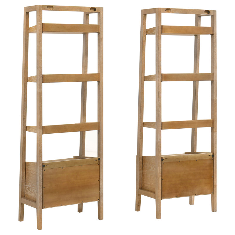 Bibliothèque 2 pièces Pablo avec tiroirs et tablettes ouvertes, bois d'hévéa brun