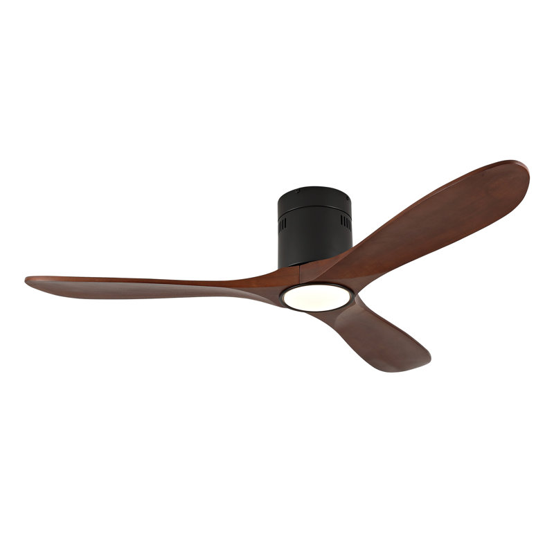 52 Inch Low Profile Ceiling Fan with Light and Remote Control, Indoor/Outdoor Flush Mount Ceiling Fan with Solid Wood Blades, Dimmable LED Lighting, Quiet Reversible DC Motor, Black