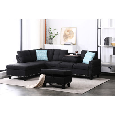 Linen Upholstery Sectional With - 98" Wide Left Hand Facing Grey And Pillows Charcoal