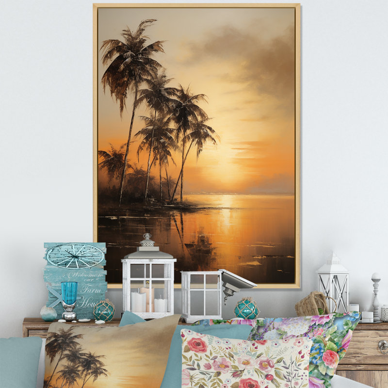 «Palm Tree Tropical Getaway Sunset Bronze Beach I», reproduction sur toile, Cadre naturel flottant