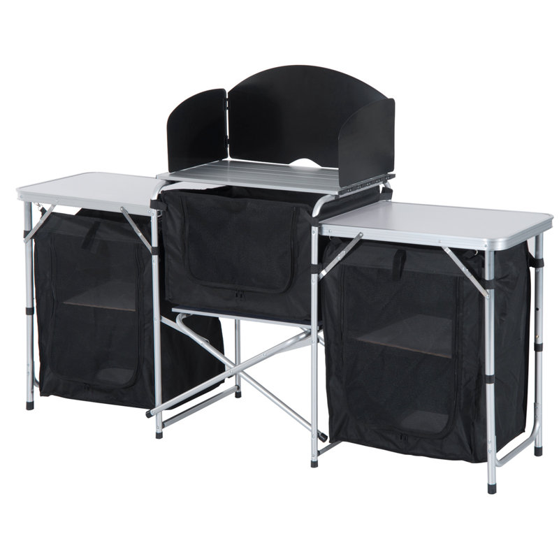 Table de camping pour la cuisine - Aluminium avec 3 armoires et pare-brise