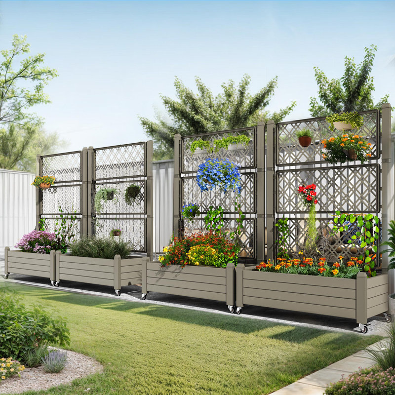 Resin Raised Garden Bed with Trellis, Light Brown