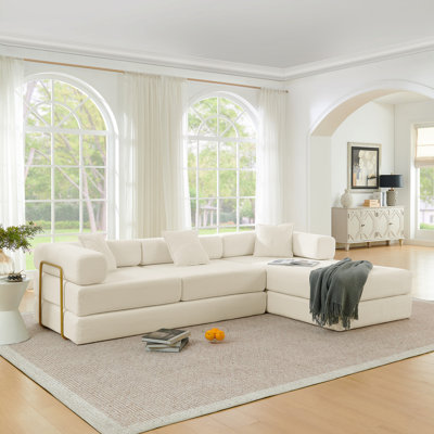 Canapé modulaire de 108 po avec méridienne en forme de L, canapé-lit désossé à assise profonde, canapés à compression en éponge sans assemblage, canapé-lit pliant moderne avec dossier amovible (beige)