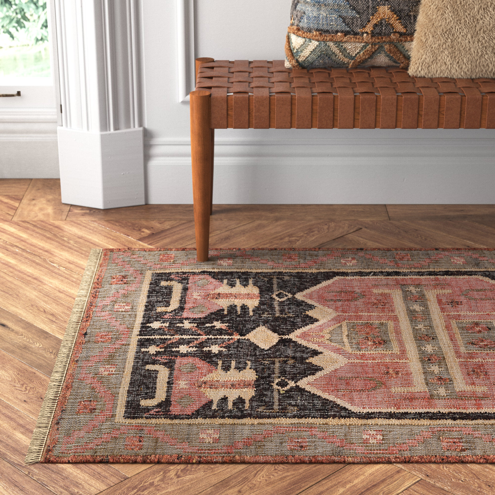 Dariela Handmade Red/Black/Beige Rug, Rectangle 3'6" x 5'6"
