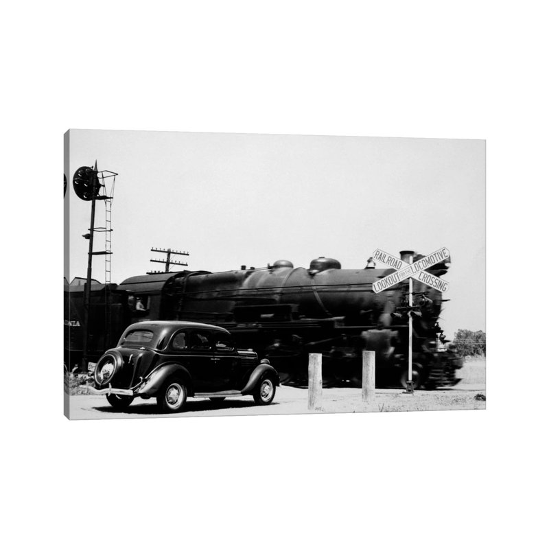 1930s Automobile Stopped At Railroad Grade Crossing With Steam Engine Speeding By by Vintage Images - Wrapped Canvas Print