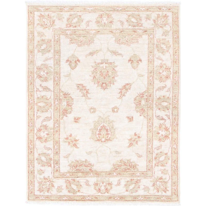 Tapis beige en laine noué à la main 2,8 pi x 3,6 pi avec motif floral sur tout le tapis