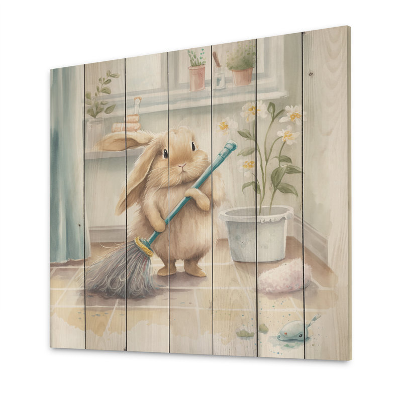 Darryl Bunny Nettoyage de salle de bain IV - Impression sur bois sans cadre, H 24 po x l 24 po x P 1 po