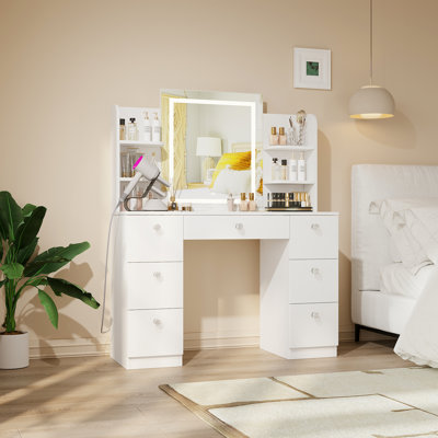 Vanity With LED Mirror And 7 Drawers And 6 Open Shelves by Wrought Studio