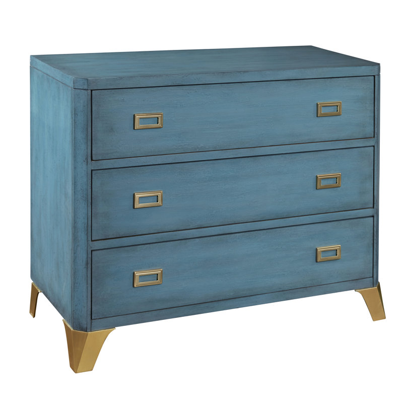 Turquoise Blue Transitional 3-Drawer Accent Chest with Gold Accents