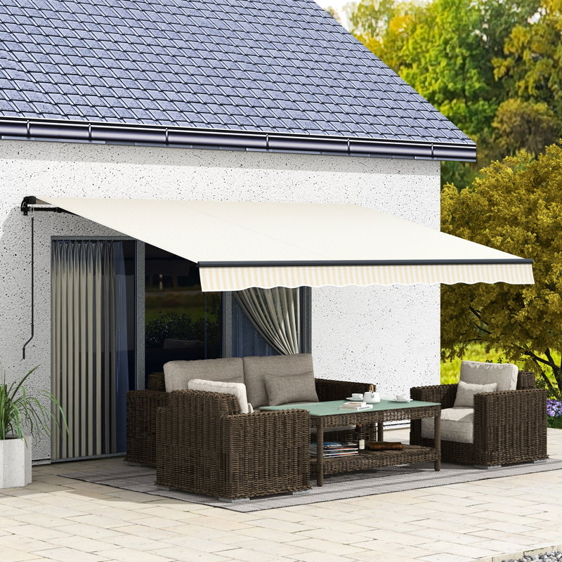 Auvent de patio avec manivelle - Protégé 280 g / m², beige et blanc, parasol rétractable 13 pi x 10 po, manivelle