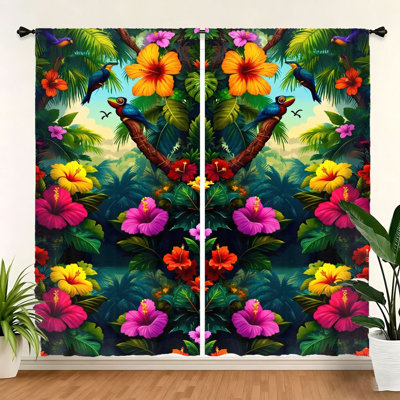 2Pcs Tropical Jungle Paradise Curtains, Vibrant Hibiscus Flowers and Toucan Birds Print, Lush Greenery, Rod Pocket Design, Light Filtering Privacy for Living Room, Bedroom, Balcony, Home Decor