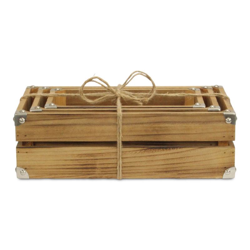 Farmstead Set of 3 Rustic Wood Storage Crates with Metal Corners - Dark Brown Finish, Dark Brown