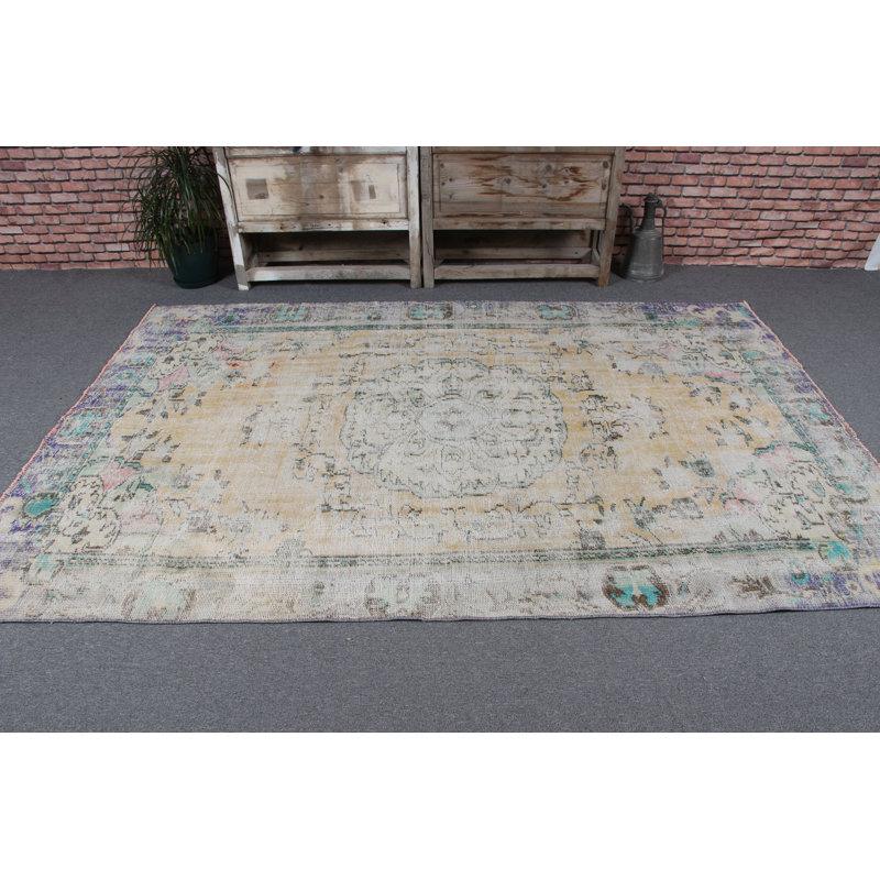 Grand tapis turc Oushak rétro délavé en jaune pour la chambre à coucher et le salon