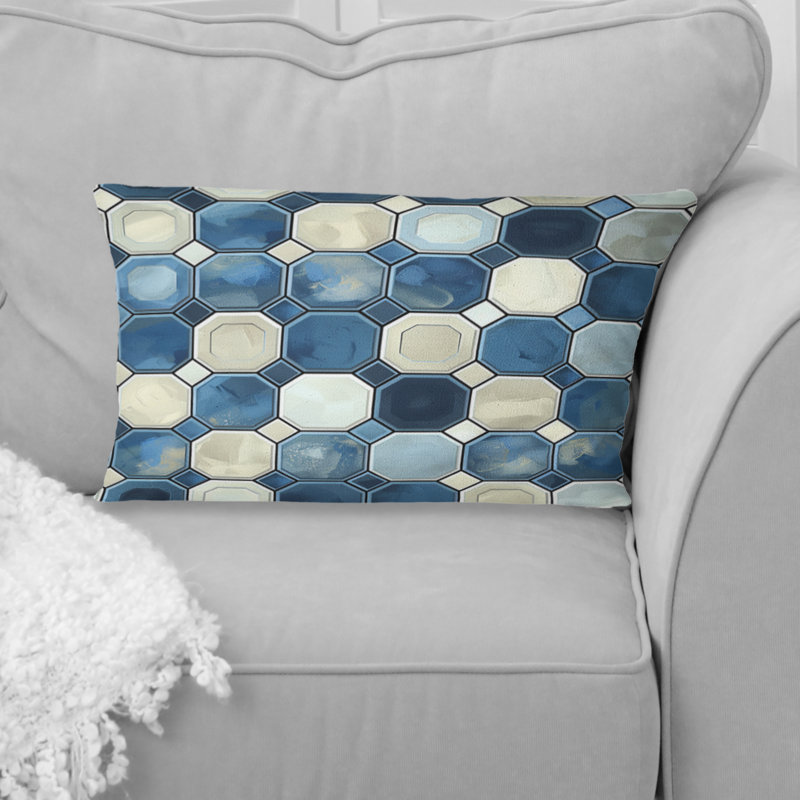 Imprimé hexagonal bleu et blanc I - coussin lombaire moderne