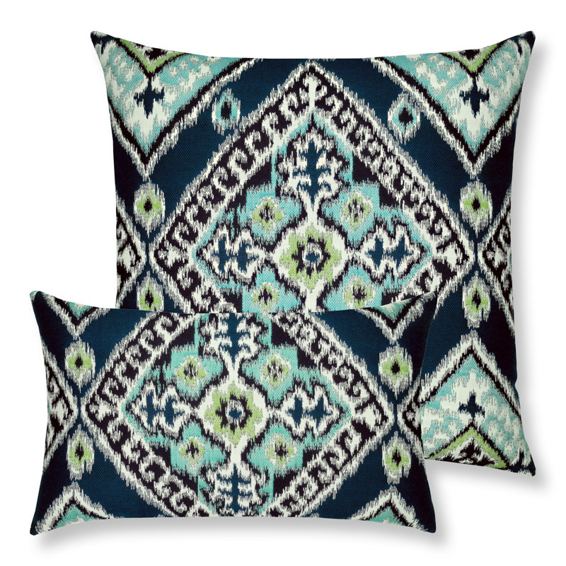 Ikat Diamond Outdoor Square Sunbrella® Pillow Cover & Insert, Peacock, Rectangle 12"H x 20"W