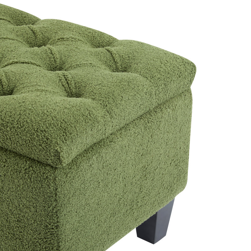 Banc repose-pieds avec rangement, surface bouclée, pieds en bois d'hévéa, capacité de 300 lb, Vert