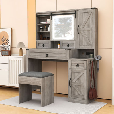 Makeup Vanity with Sliding LED Mirror, Charging Station, Glass-Top Display, Dual Cabinets and Stool
