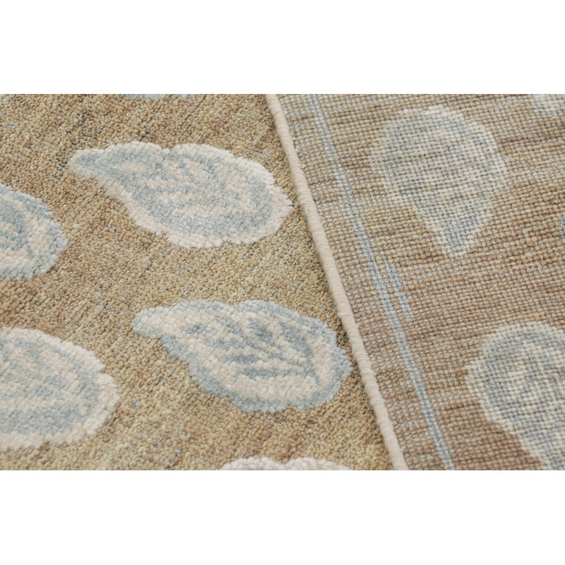 Rug & Kilim’S Modern Block Print Rug In Beige With White And Blue Floral Pattern, Rectangle 10' x 14'