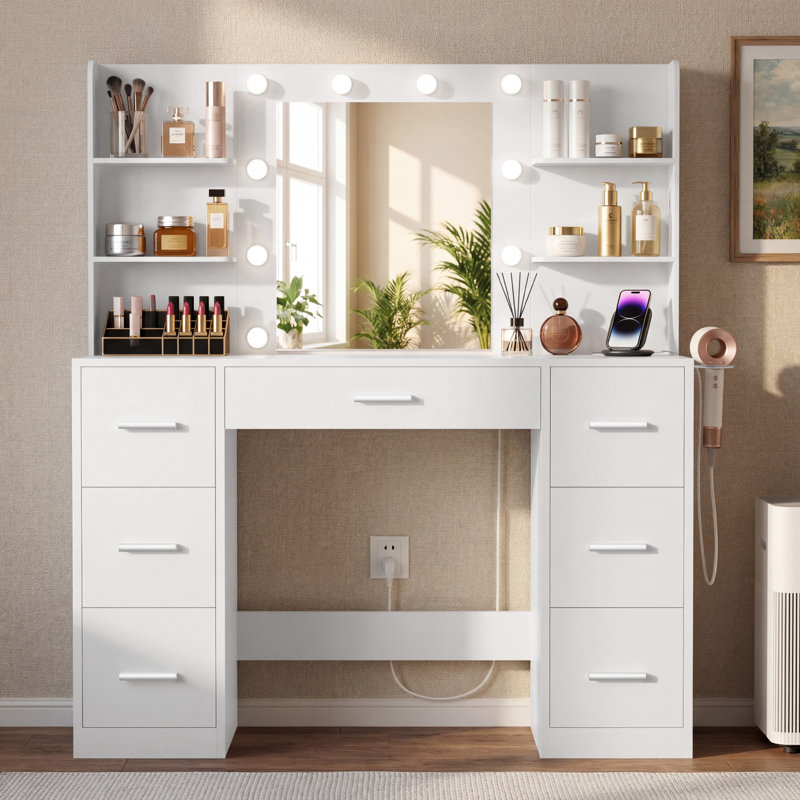 Makeup Vanity With Led Lighted Mirror And Built-In Power Supply, White