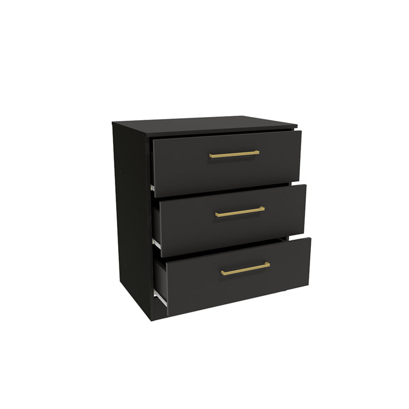 Commode verticale à 3 tiroirs avec poignées dorées Jolyne - Rangement moderne pour chambre à coucher, Noir