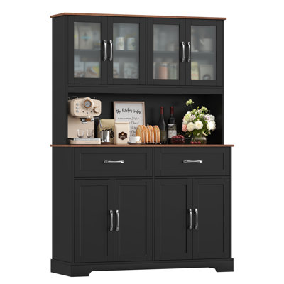 Kyale 70.9"H Stand Alone Kitchen Pantry With Microwave Shelf & Drawers, Wood Storage Pantry Cabinet With Adjustable Shelves, Black/Oak