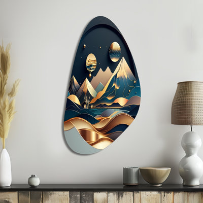 «Dreamy Golden Mountain I», art mural en métal asymétrique en marbre, impression d'art moderne en forme libre