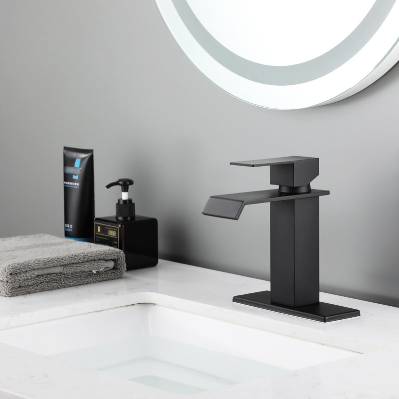 Matte Black Bathroom Faucet - Waterfall Spout, Single Lever Handle, Adjustable Temp, Modern Style Spout Lavatory Tap Black, Temperature, Look