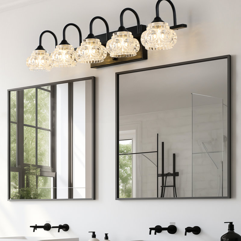 Meuble-lavabo de salle de bain à 5 abat-jour en cristal noir avec finition noire. Fixation murale pour salle de bain, vestiaire. Fer et cristal, 110 à 120 V, 5 ampoules G9 non fournies, 60 W maximum pour chaque ampoule - 5 lumières, avec