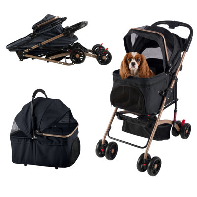 2-in-1 Pet Stroller with Detachable Carrier - Lightweight Foldable Dog Strollers for Small Dogs and Cats - Cat Carrier with 4 Shock Absorbing Wheels, Cupholders and Storage Basket (Black)