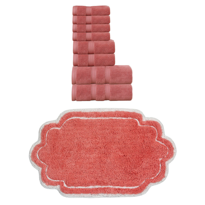Ensemble de serviettes de bain et tapis de bain 100% coton Talbert Collection, Corail, Ensemble de serviettes 9 pièces