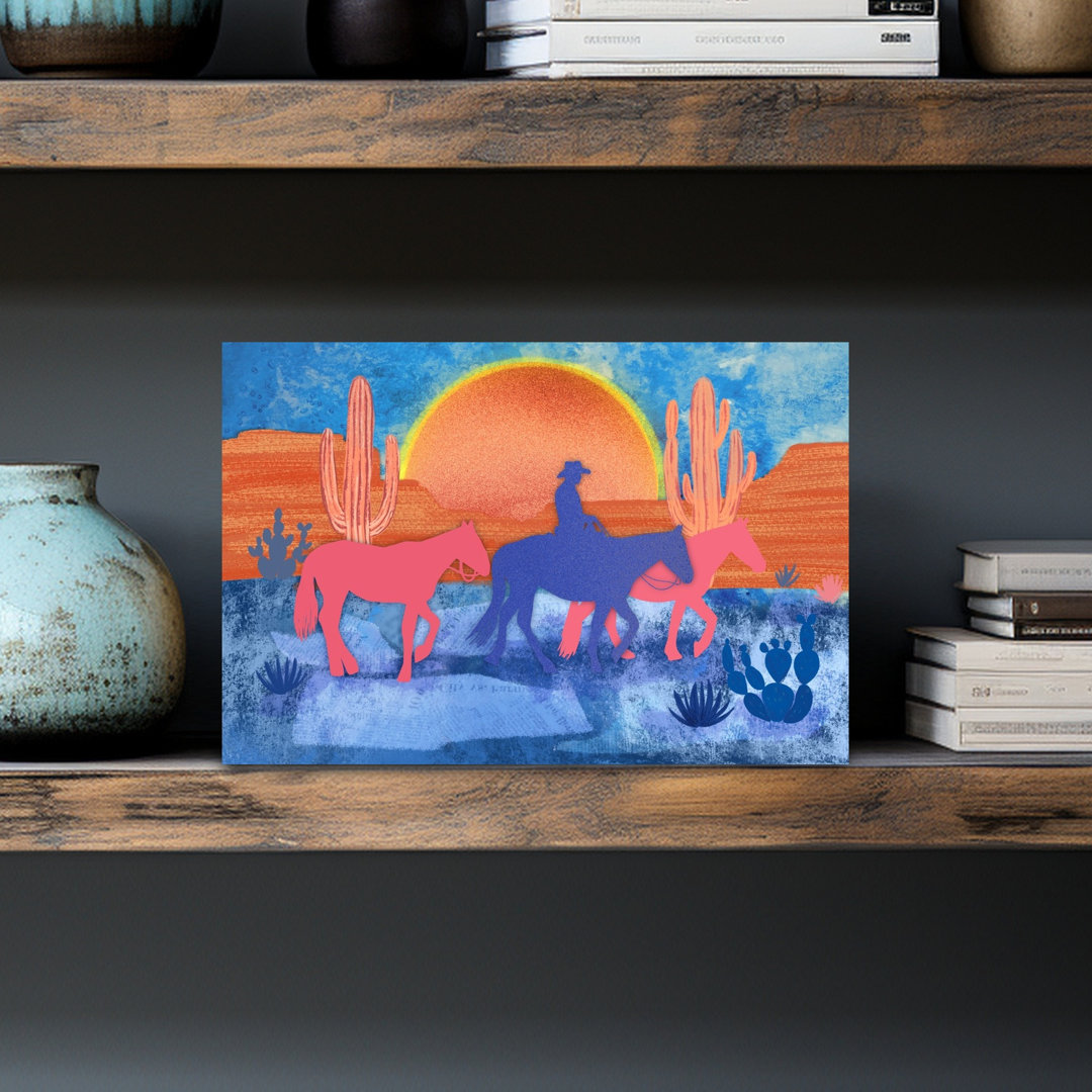 Cowboy Desert Journey Abstract Contemporary Cactus Horse Landscape Sunset Wall Art Print