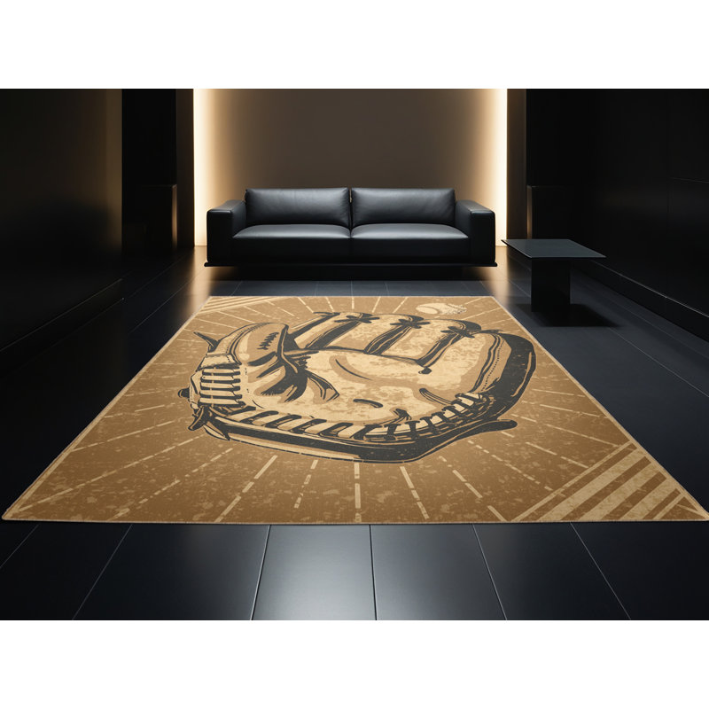 Machine Washable Paxton Baseball Glove Catch Vintage Vintage Look Rug in Brown – Beige Binding, 7x9