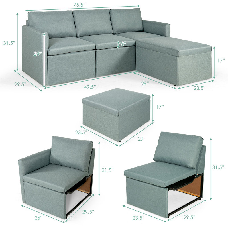73" Wide Modular Sofa & Chaise with Ottoman, Green