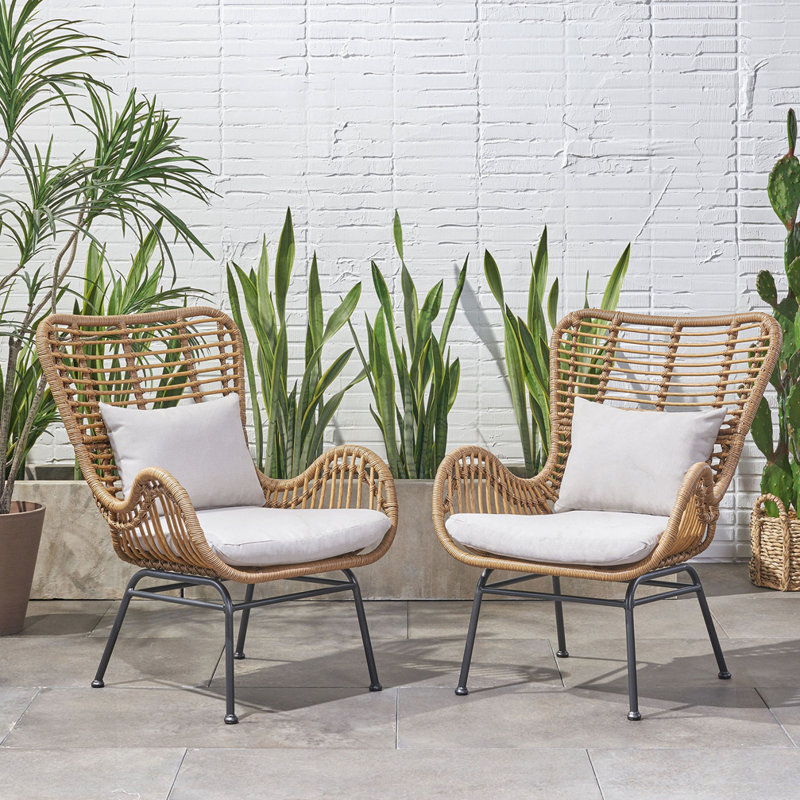 Chaise de patio avec coussins (ensemble de 2), Beige, Brun