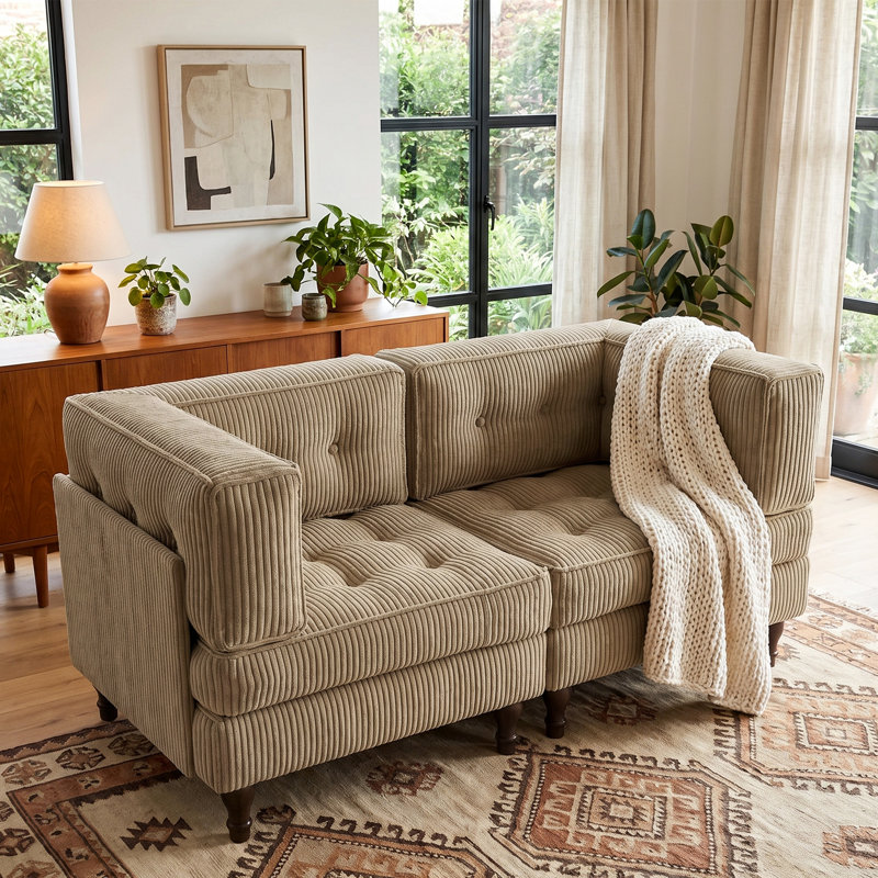 Upholstered Camel Tufted Corduroy Modular Sofa with Pillow Back, Camel