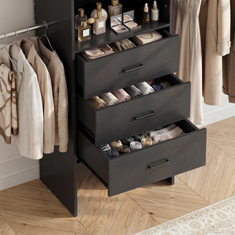 Organisateur de garde-robe en bois l 120 po avec portes et tiroirs, BLACK