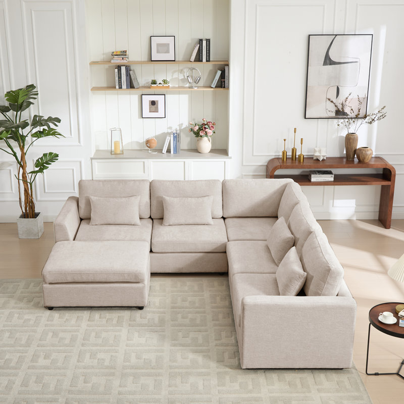 Doyle 6 Seats Upholstered Sectional Sofa Modern Corner Couch With Ottoman, Khaki Polyester Blend