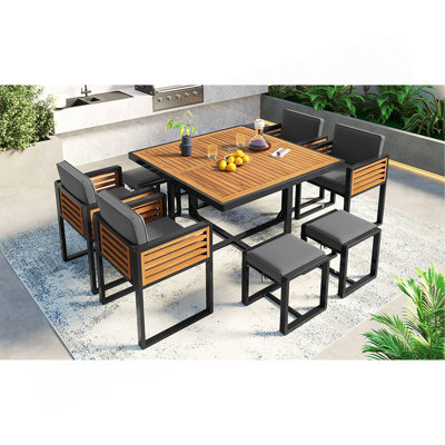 Ensemble de salle à manger 9 pièces pour patio en bois d'acacia, ensemble de patio extérieur peu encombrant, 4 chaises rembourrées, 4 repose-pieds et 1 table carrée pour la cour, le jardin, la terrasse et la piscine