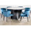 Ensemble de table de salle à manger ronde en marbre avec base sculpturale et 6 chaises en velours bleu Waterfall