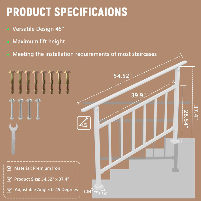 Rails à 3 ou 4 marches pour l'extérieur, ensemble de rampes d'escalier en acier réglables pour porche, terrasse, blanc, Blanc