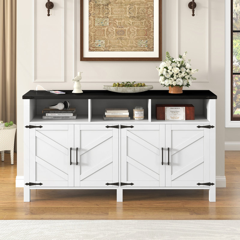 Buffet moderne à 4 portes avec prises de courant et ports USB, Blanc/Noir