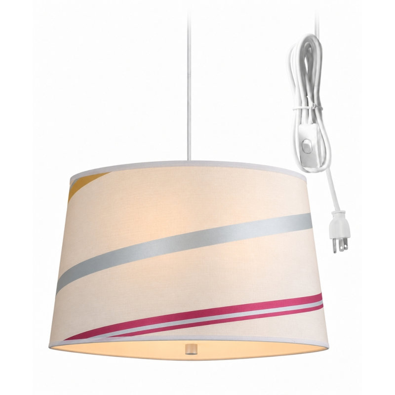 Suspension à brancher 2 lumières, abat-jour tambour Juliette rayé en soie brute de 35,5 cm (14 po) de large avec diffuseur et cordon blanc